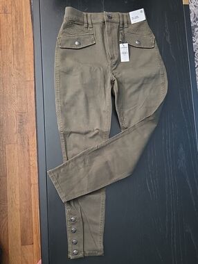 Express Olive High-Rise Utility Jeans with Buttoned Ankles